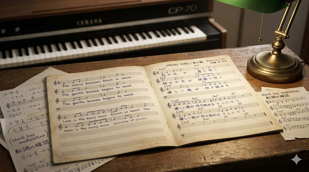 英語と日本語が混在した1970年代の楽譜やレコードジャケット